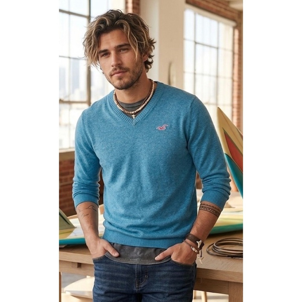 Vintage Hollister Teal V-Neck Knit Sweater | Size Medium